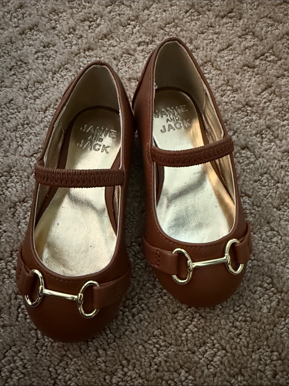 Janie and Jack Girls' Tan Leather Mary Jane Flats with Gold Bit